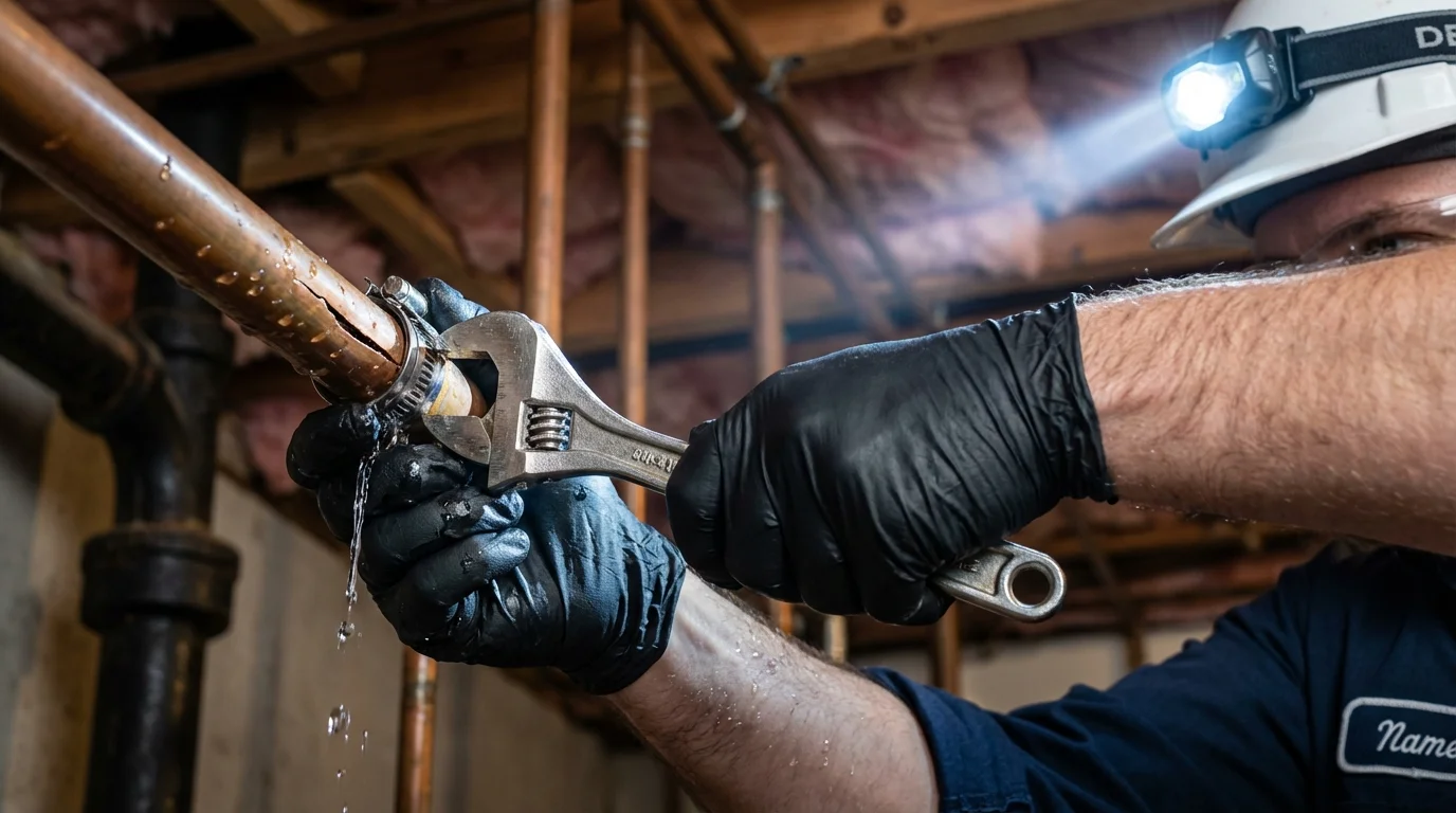 Emergency pipe clamp repair being performed by a Johns Plumbing LLC plumber in Adrian