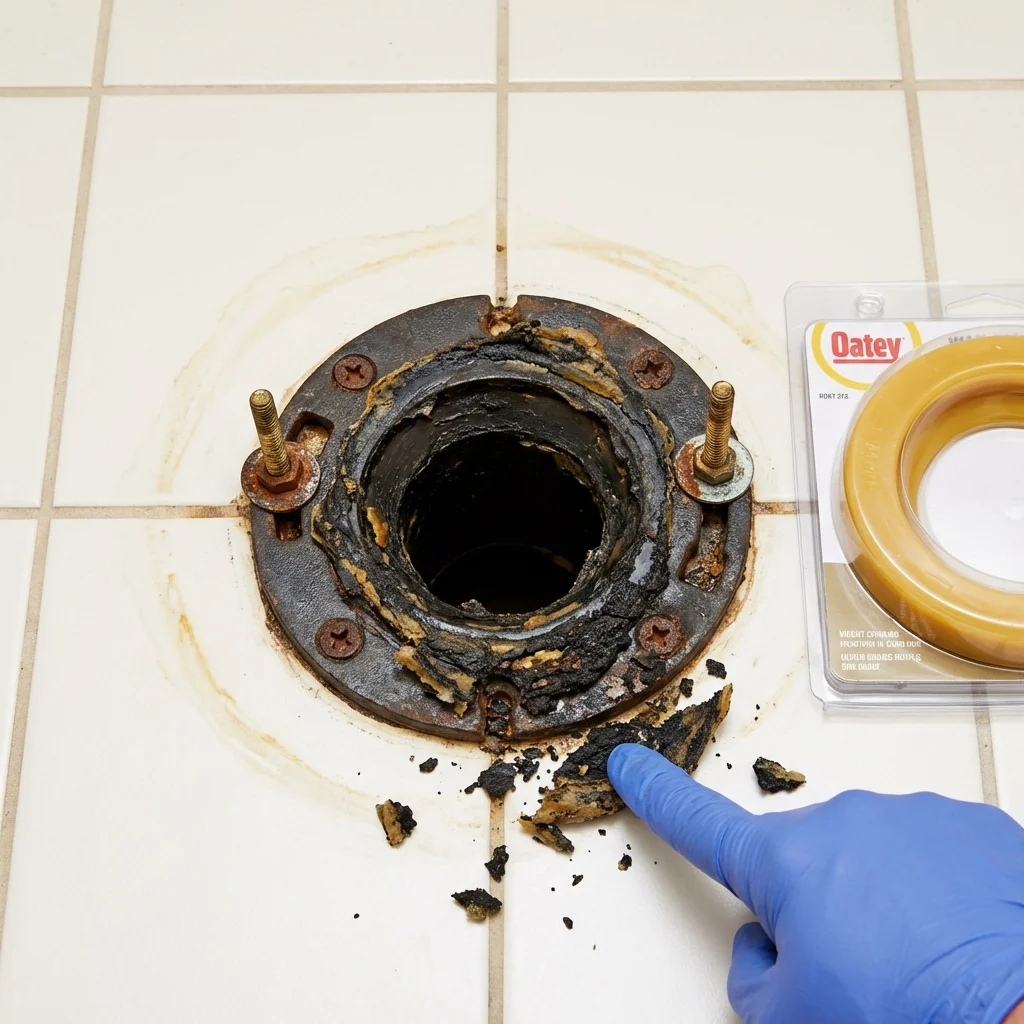 Failed wax ring showing water seepage at the base of a toilet in a Adrian, MO home