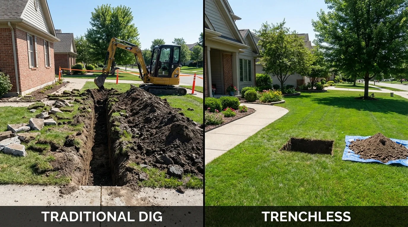 Trenchless sewer repair with minimal yard damage versus traditional excavation in Adrian, MO