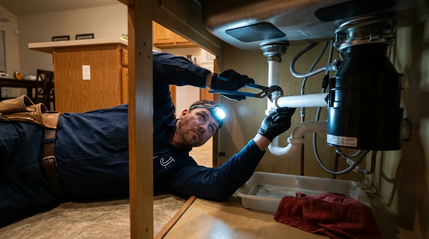 P-trap and supply line connections under a kitchen sink showing a common leak point in Adrian, MO